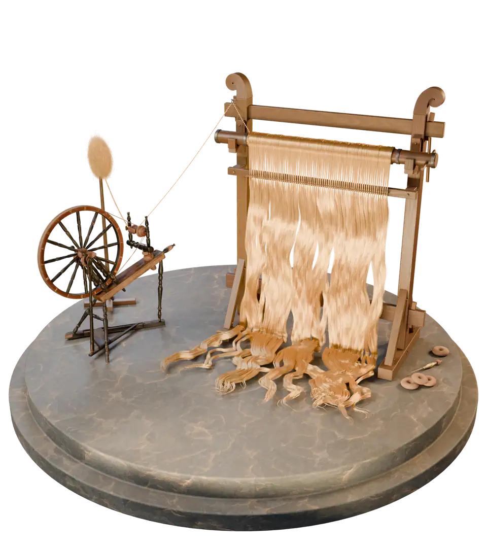 A loom hung with golden hair, beside a spinning wheel