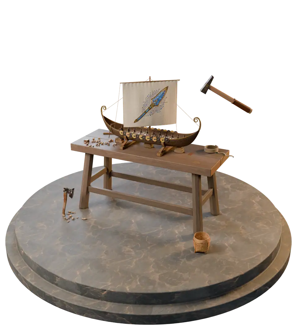 Skíðblaðnir, a longship with its sail set, on a workbench