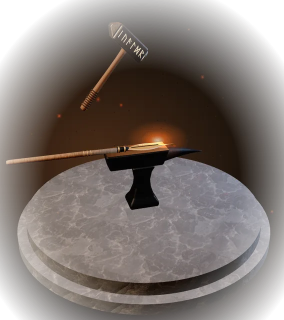 Gungnir, a spear, lying across an anvil under a hammer
