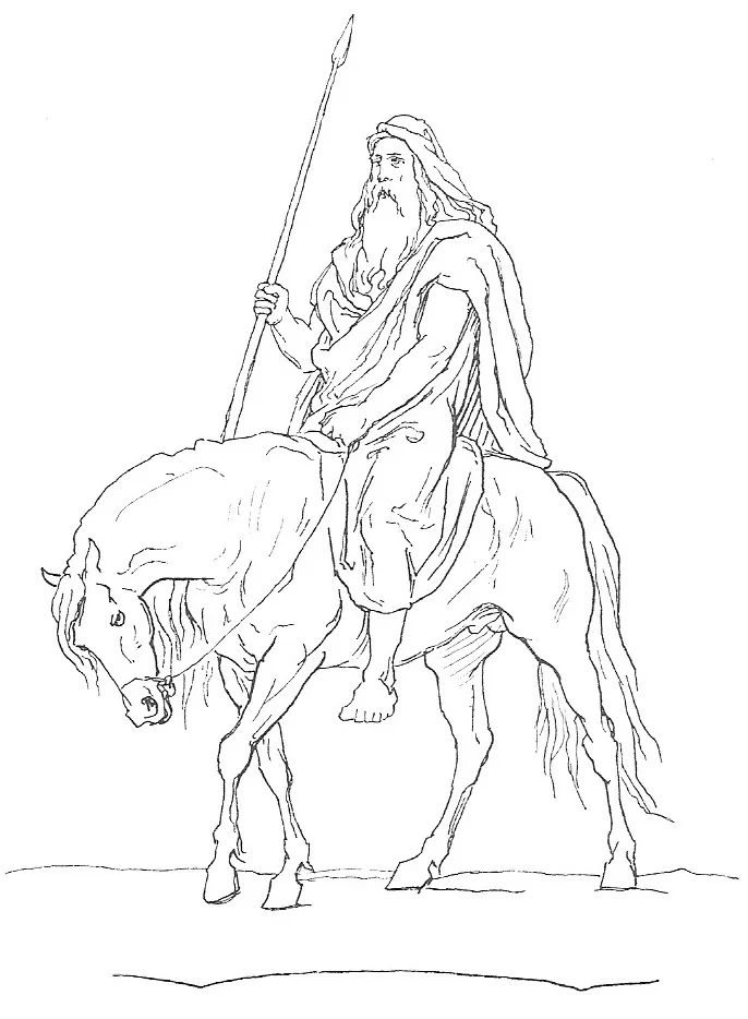 Odin riding his horse Sleipnir and holding the spear Gungnir, an engraving