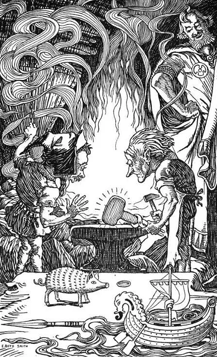 Dwarf smiths at a forge hammering out an enormous hammer, with other treasures on a table beside them, an illustration